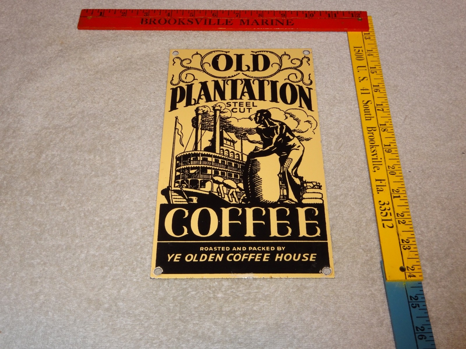 VINTAGE OLD PLANTATION COFFEE W/ PADDLE BOAT 10.5" PORCELAIN METAL GASOLINE SIGN