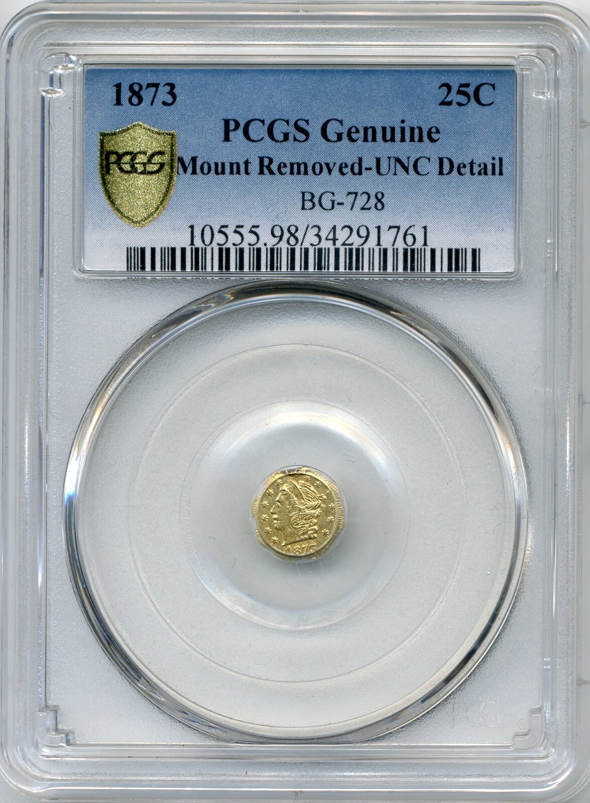 1873 US Quarter Dollar (25c) California Territorial Gold Coin - PCGS UNC Detail