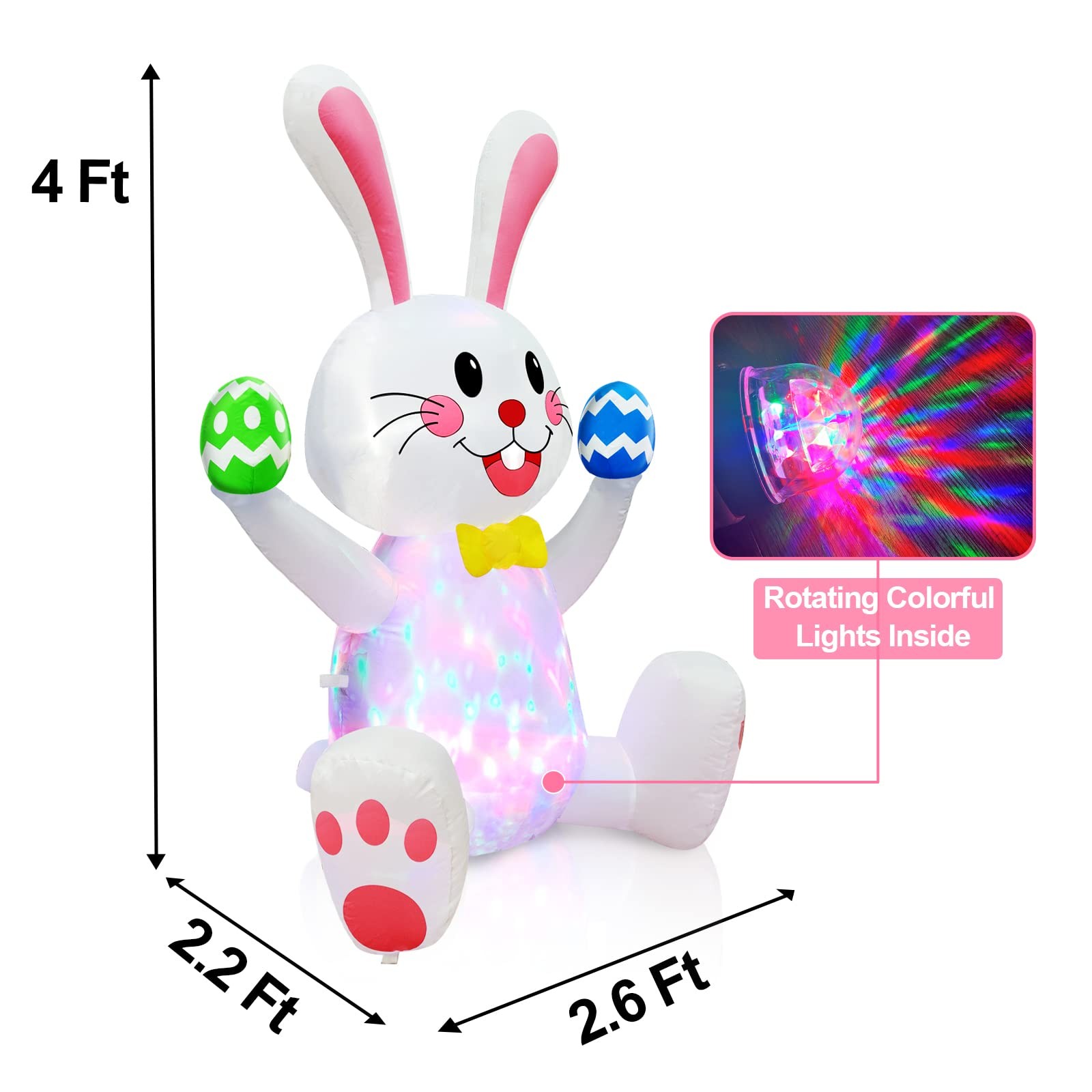 4FT Easter Inflatable Bunny with Rotating Colorful LED Lights - Waterproof Outdo