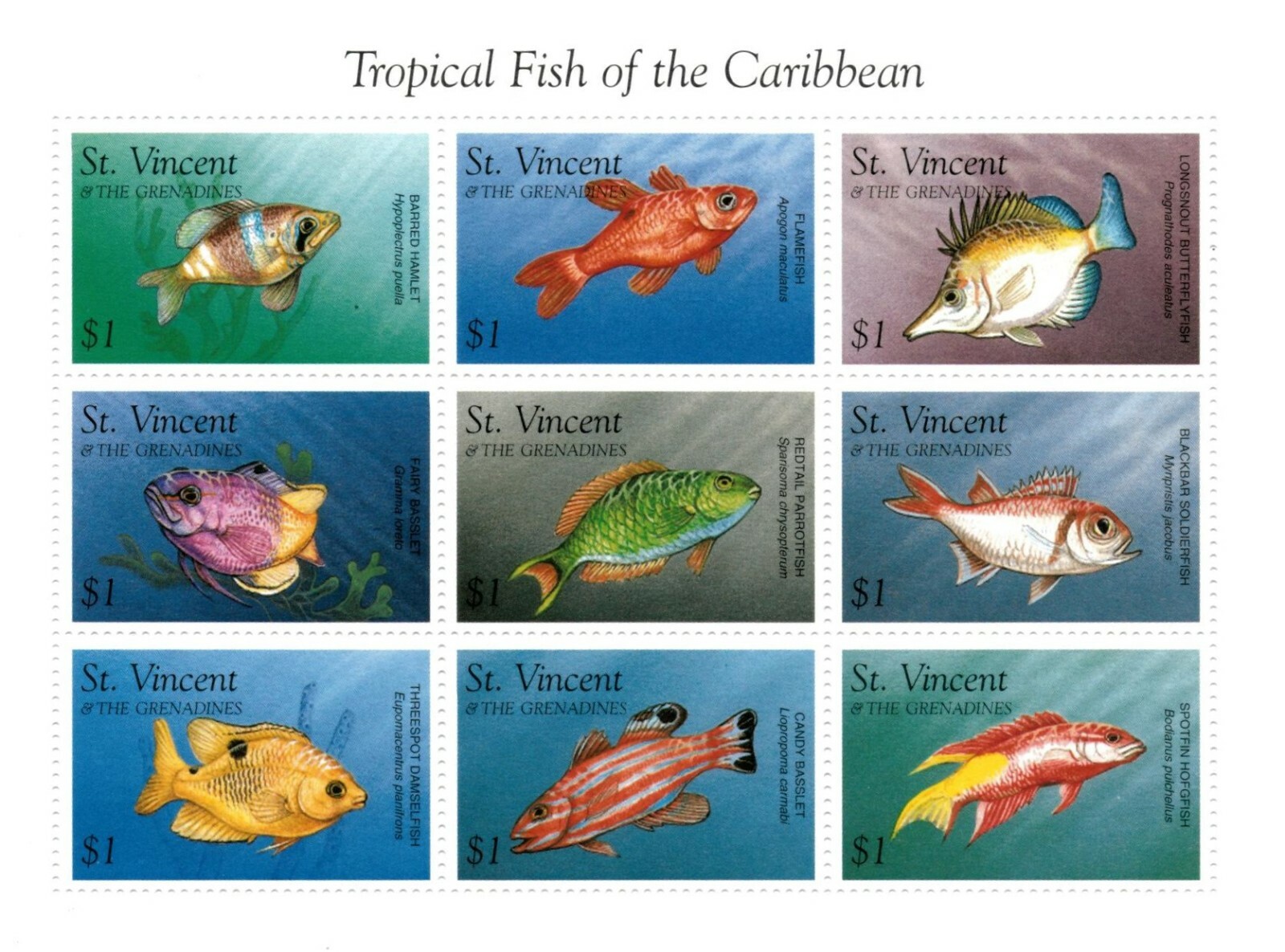 St. Vincent 1996 - SC# 2333 Tropical Fish of Caribbean - Sheet of 9 Stamps - MNH
