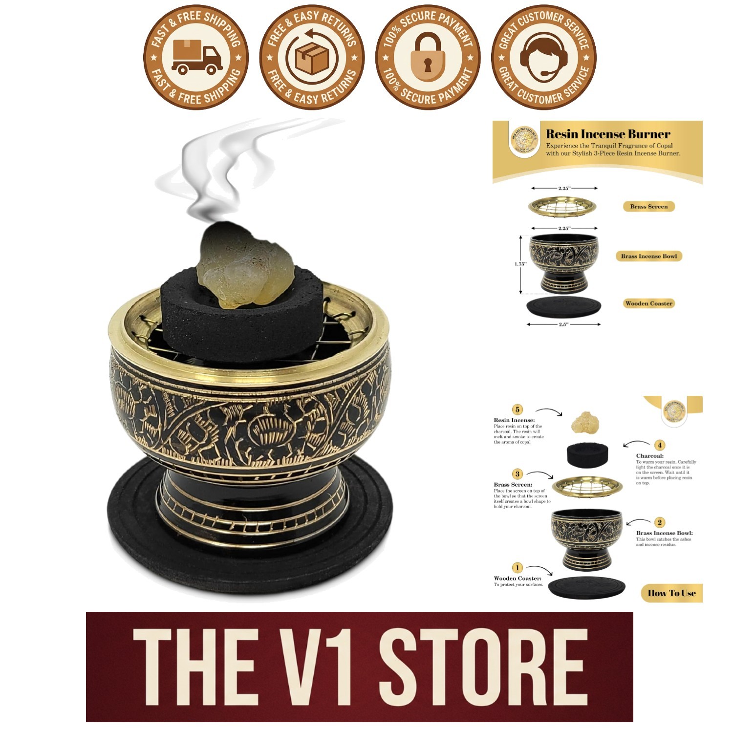 Cultural Black Brass Incense Burner with Wooden Coaster - Perfect for Meditation