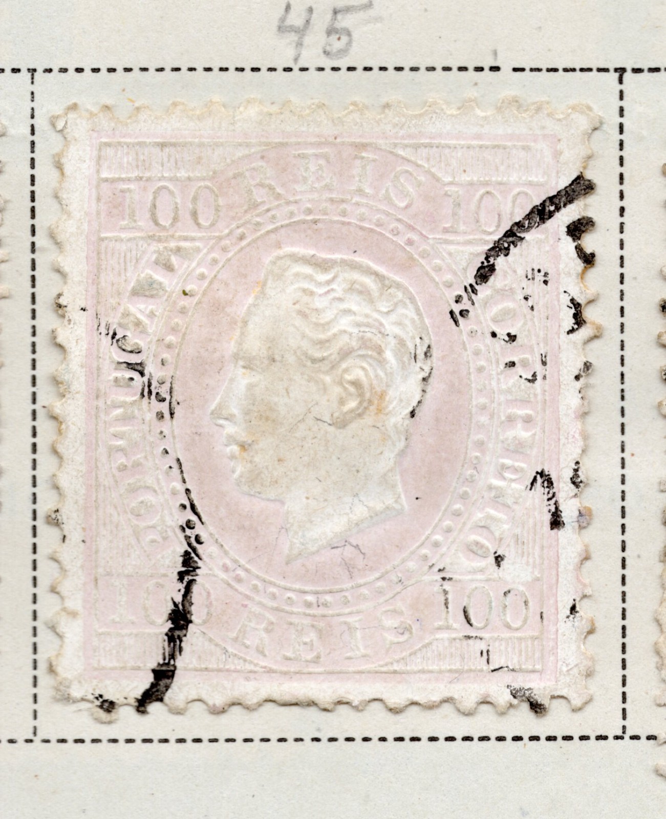 Portugal 1870-84 King Luiz 100 Reis pale lilac Used VLH Scott Cat# 45
