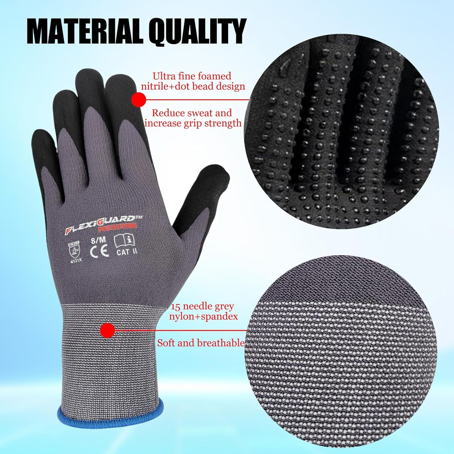 Gasoline Safety Work Gloves Extra Micro-Foam Nitrile Coated-12 Pairs / Dots