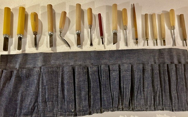 Vintage Doniger Italy Wood Carving Set 16pc Tools Speedball & Denim Roll