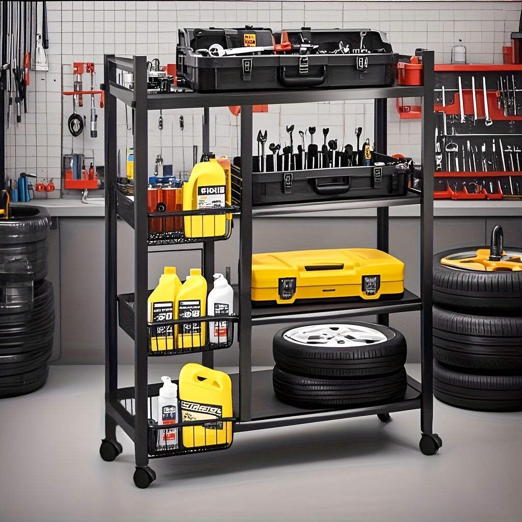 4-Tier Rolling Storage Rack with Baskets, Metal Utility Shelf on Wheels, Kitchen