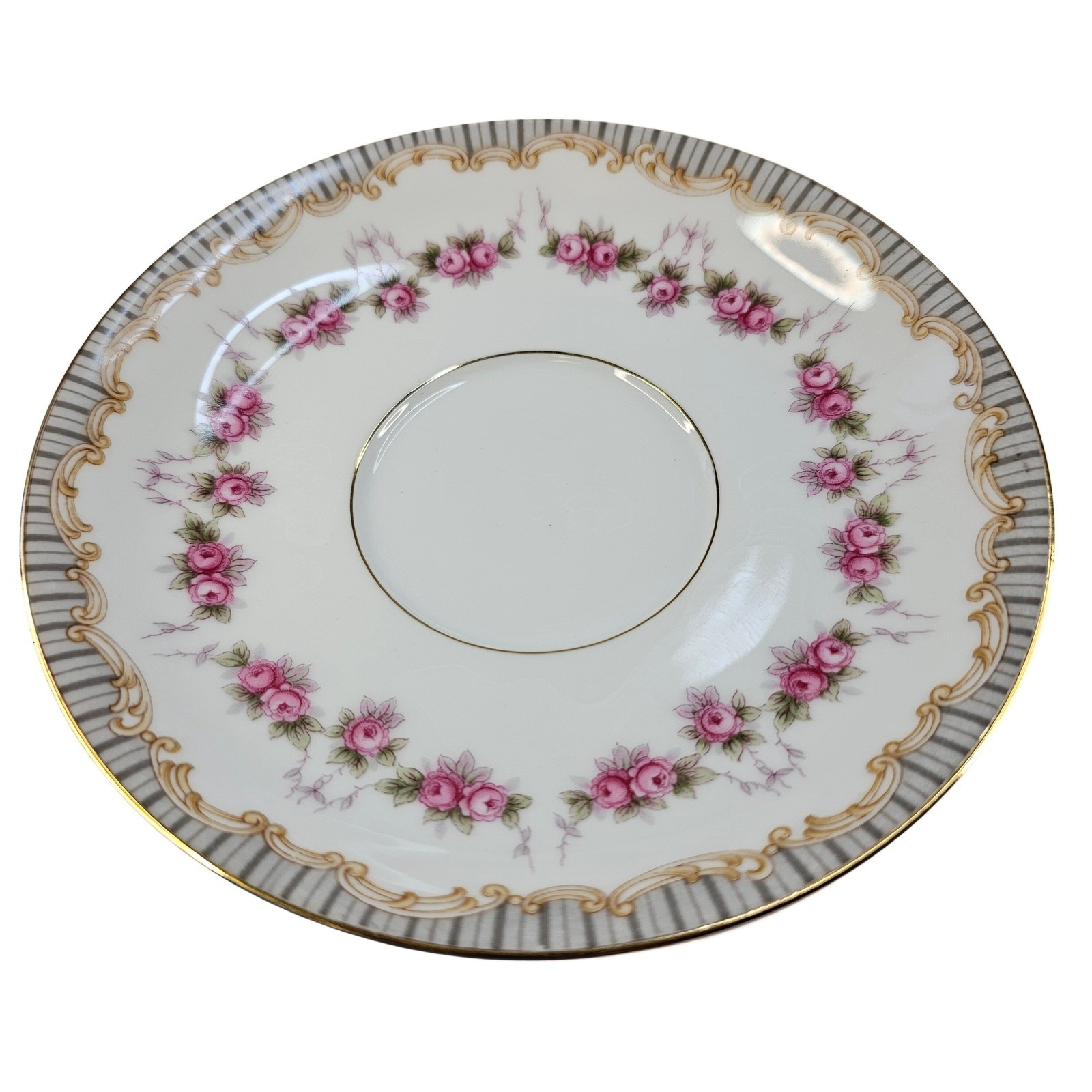 Vintage Noritake China Ridgewood Saucer, Pink Rose Garland, Gold Accent