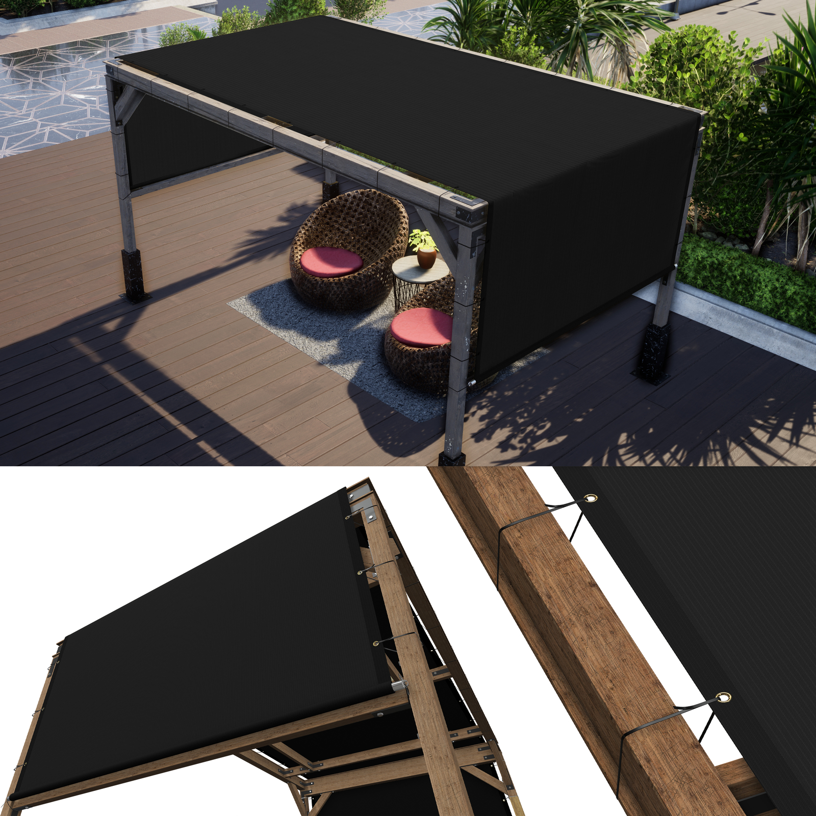 ColourTree Pergola Sun Shade Cover Universal Replacement Canopy w/ Rods, Black