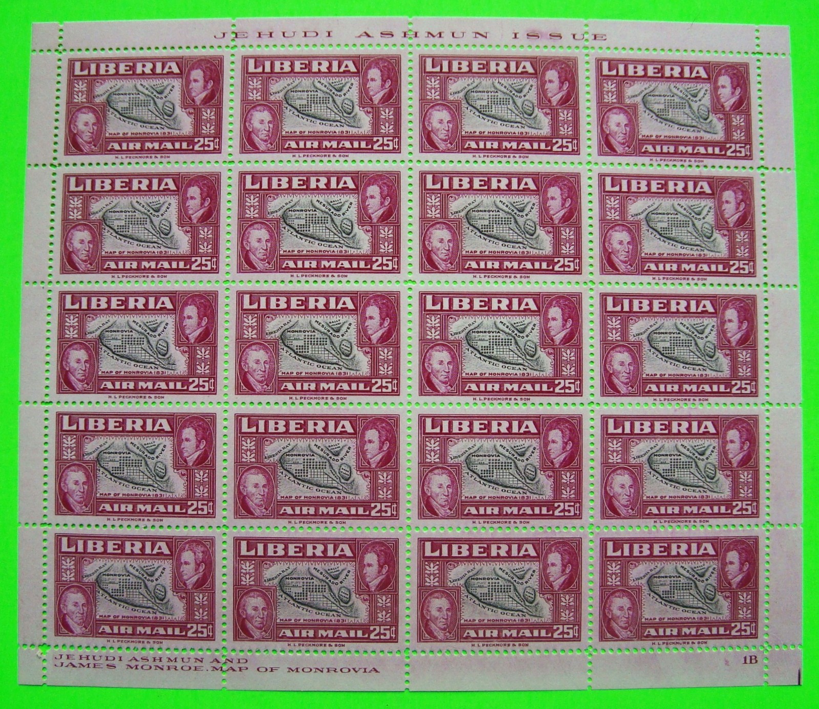 1952 LIBERIA JEHUDI ASHMUN ISSUE FULL SHEET / 20 Monrovia 25-Ct Air Mail Stamps