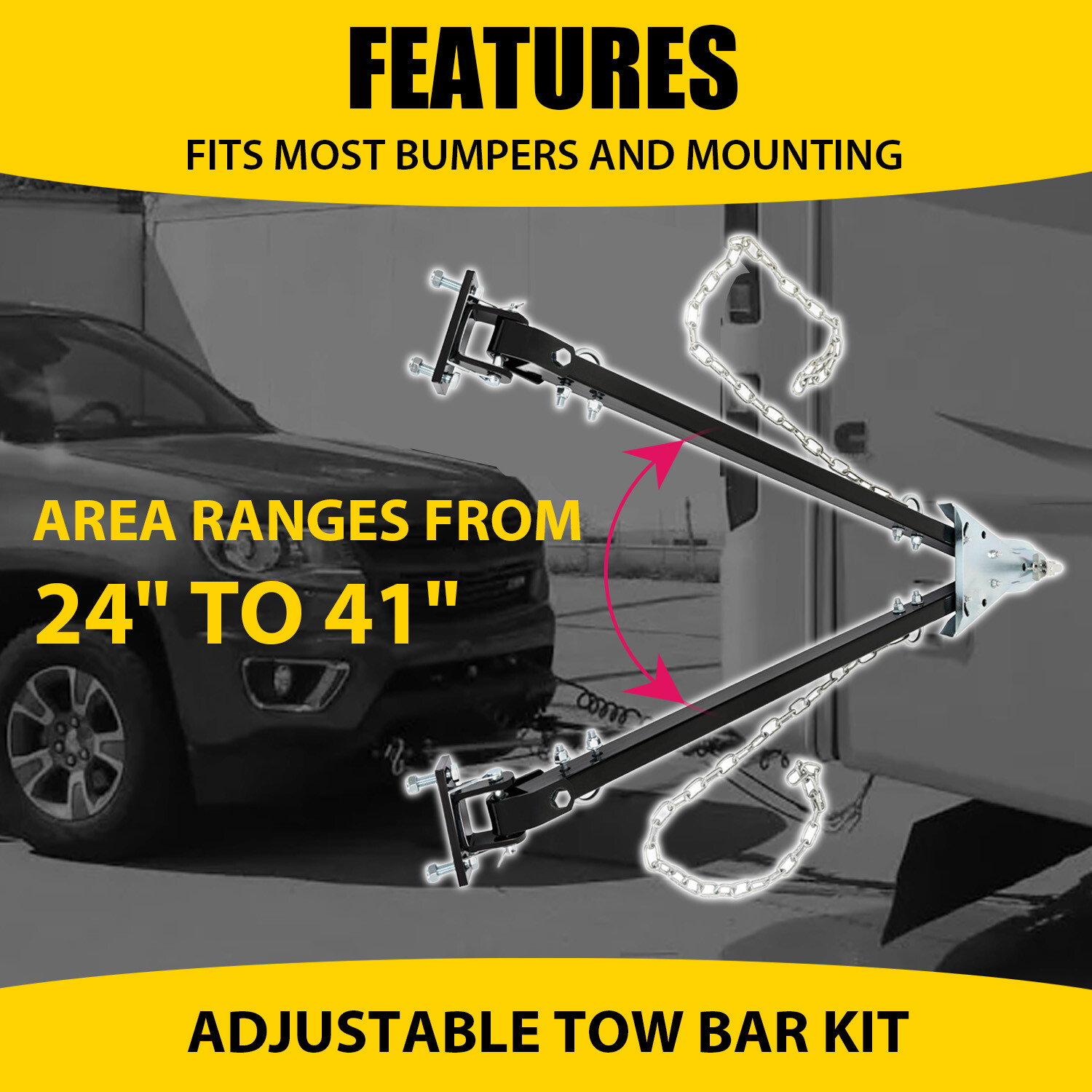 Adjustable Tow Bar 5500lbs w/Safety Chain 24" to 41" Wide For Camper RV Trailer