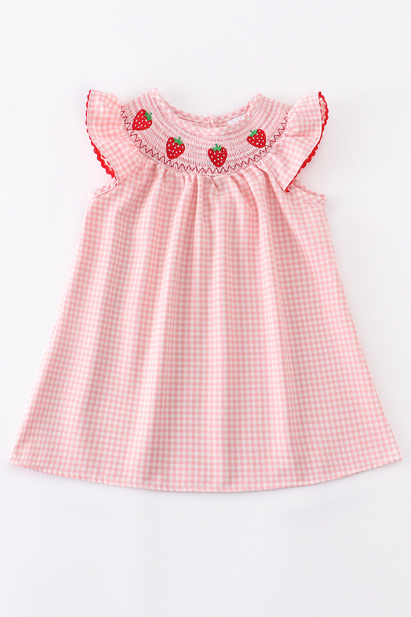 NEW Boutique Strawberry Girls Embroidered Smocked Pink Sleeveless Dress