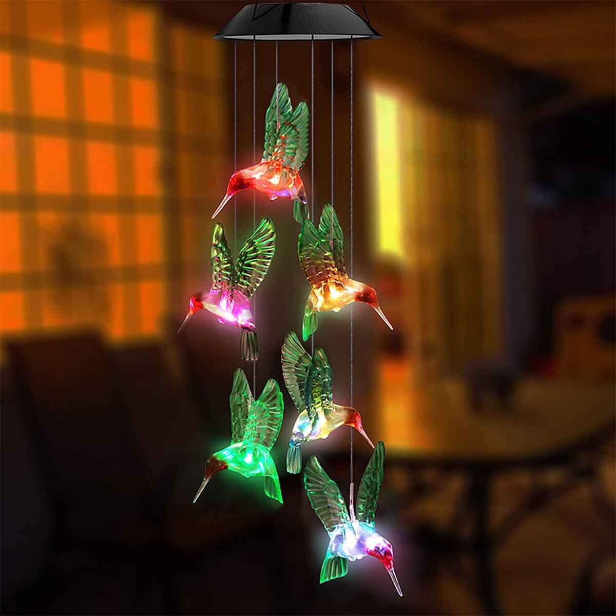 Hummingbird Wind Chime Color-Changing Solar Powered LED Lights Yard Garden Decor