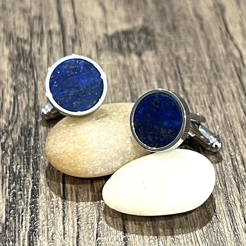 Round Lapis Lazuli Stone Cufflinks Men Birthday Wedding Essentials Gift With Box