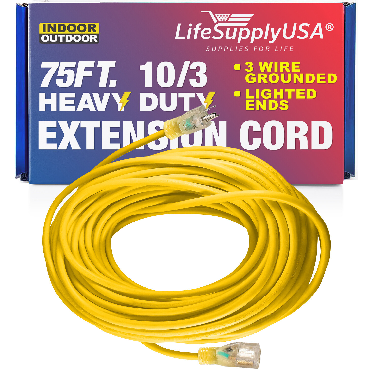 10/3 300V SJTW LIGHTED 15A Extension Cord - 3 6 10 25 50 75 100 200 ft foot feet