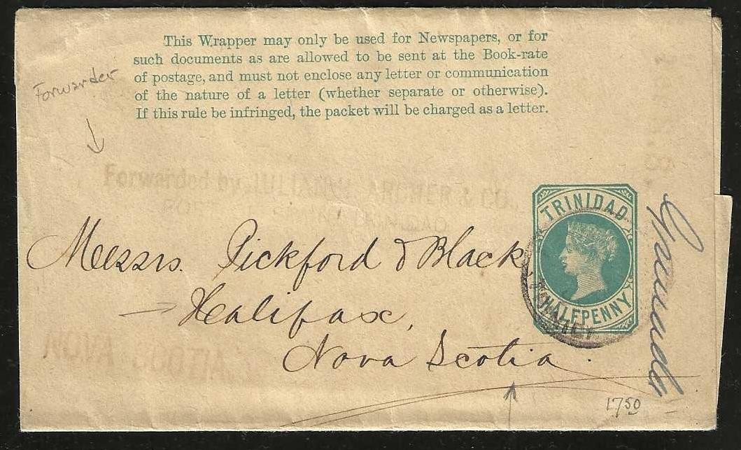 TRINIDAD 1884 Forwarded Postal Wrapper HGE1 to Halifax Nova Scotia