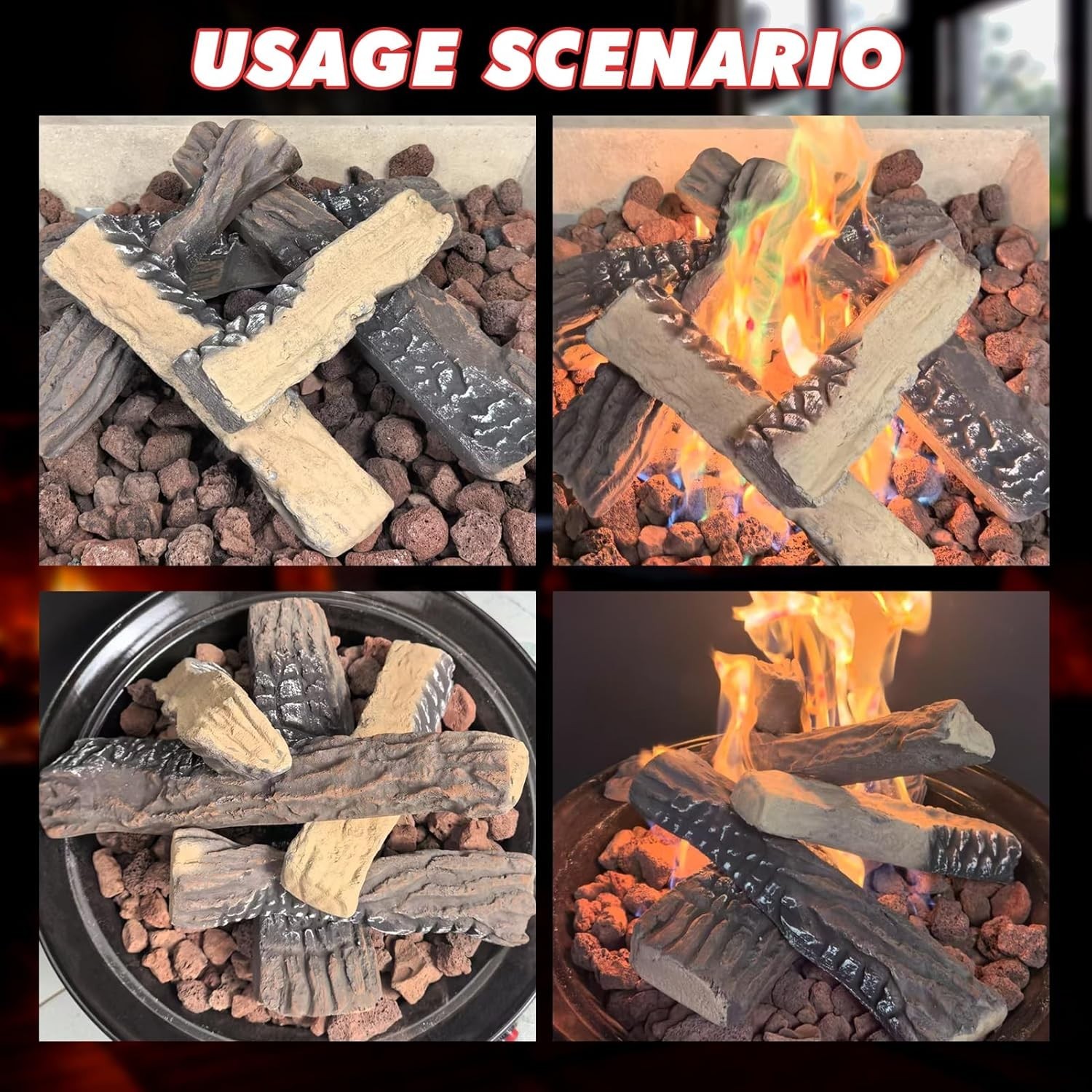 Large Ceramic Gas Logs, 10 Piece Set of Decoration Ceramic Wood Logs for All Typ