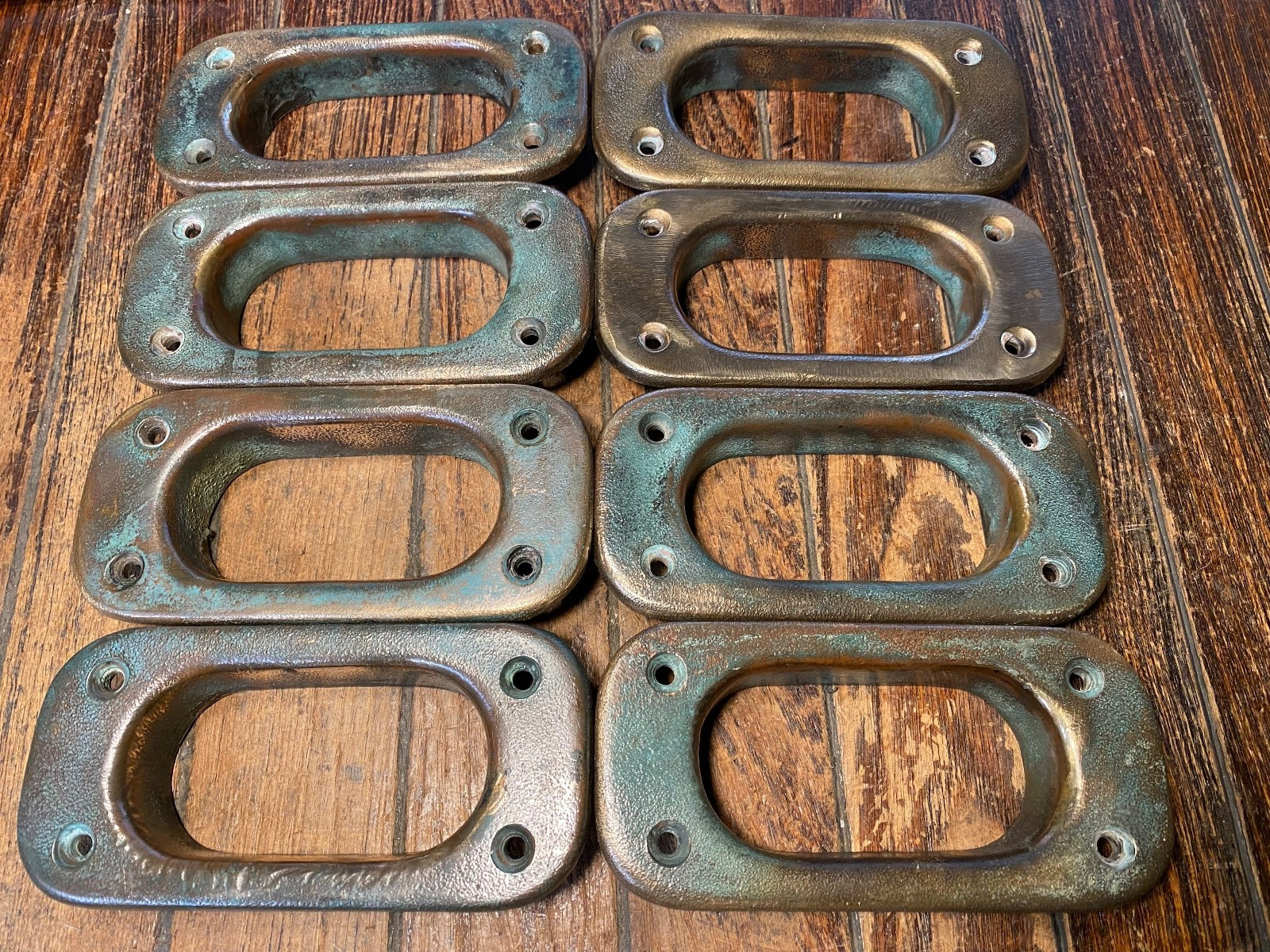 4 SETS OF VINTAGE CAST POLISHED BRONZE HAWSE HOLES 6" X  3" NICE PATINA