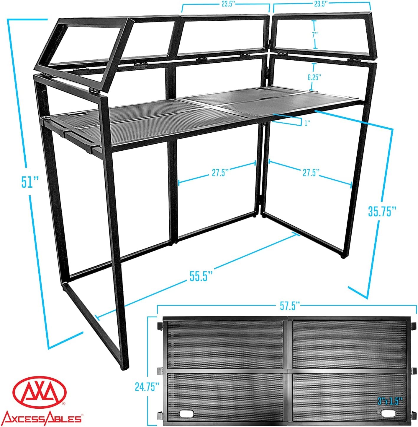 AxcessAbles DJ Booth XL DJ Facade Table Stand W/ Black, White Scrims, Bag