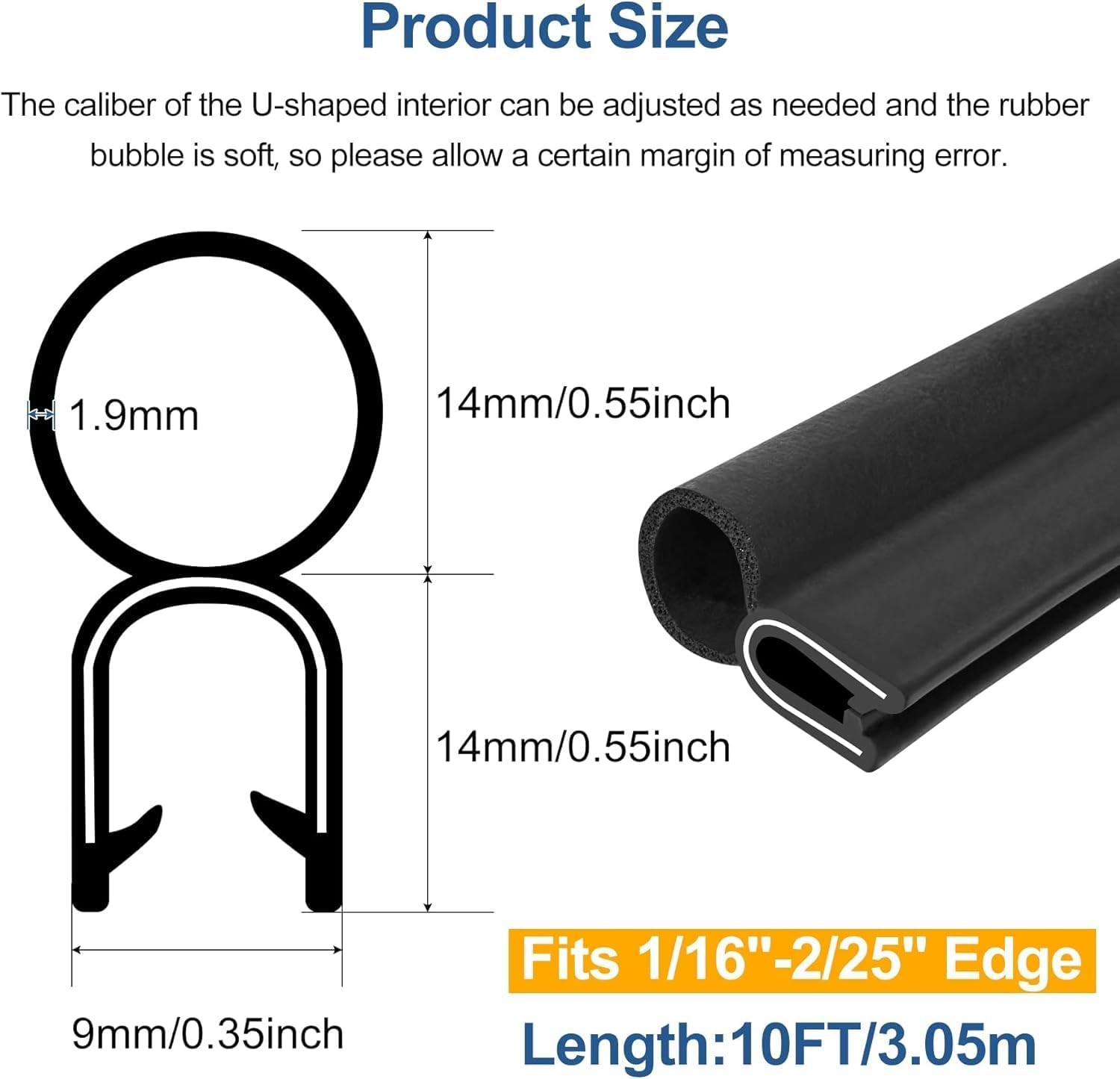 Automotive Door Weather Stripping 10Ft Car Door Rubber Edge Trim Seal Strip Gask