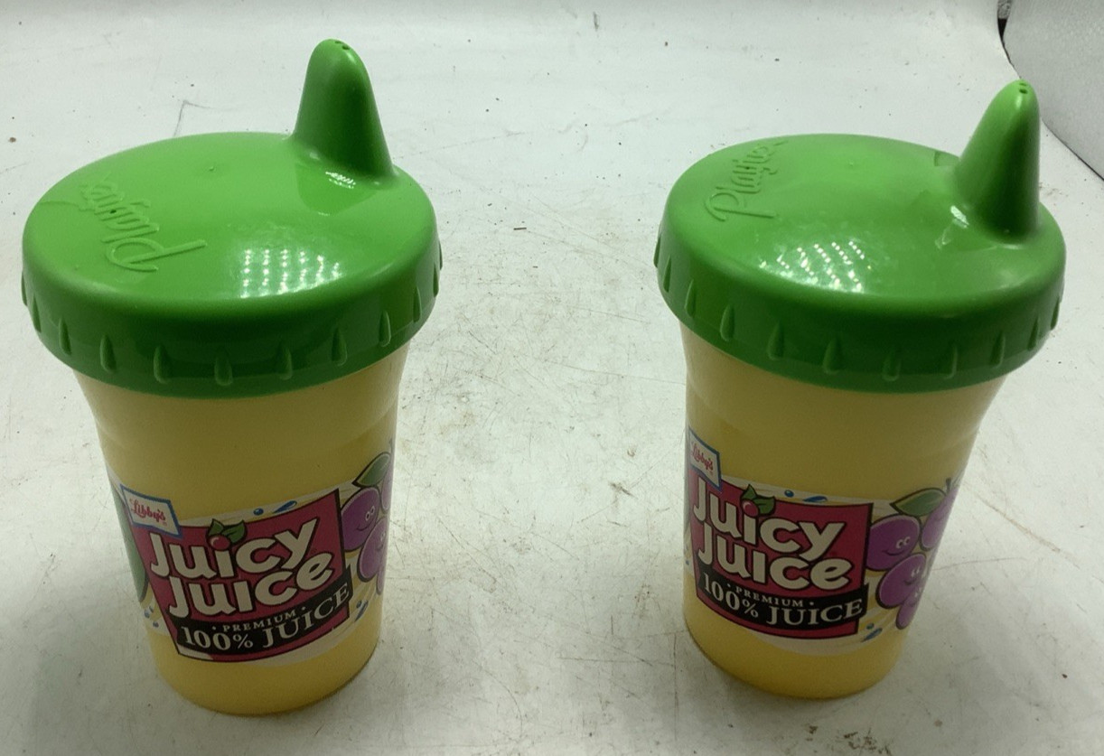 2 Vintage Playtex Juicy Juice Advertisement Plastic Sippy Cup with Valve RARE