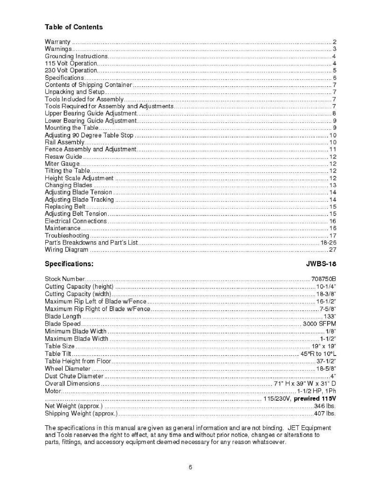 Jet JWBS-18 Woodworking Band Saw Operators & Parts List Manual *240
