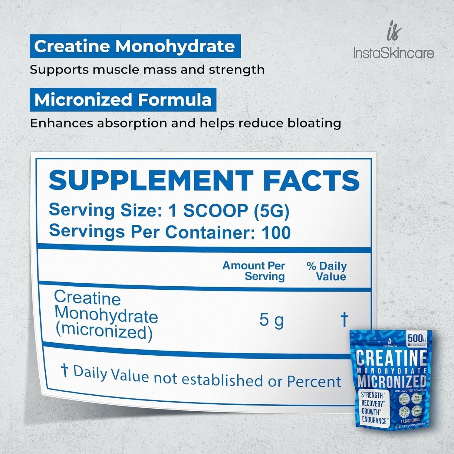 InstaSkincare Creatine Monohydrate Powder for Muscle Gain 1.1 LB