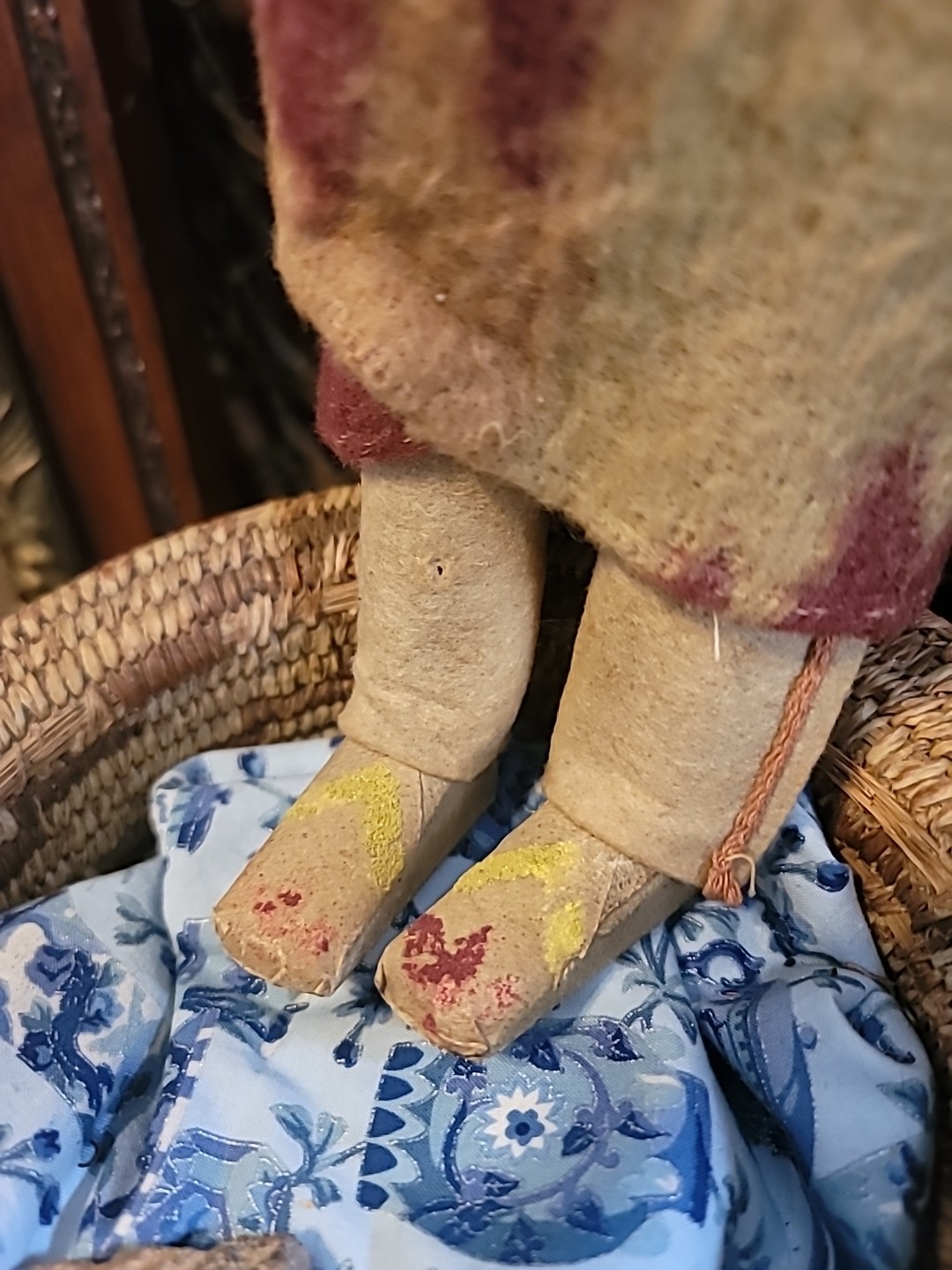 Antique Skookum Doll Early Paint Face Wool Straw Stuffed Mohair Wood Legs 15 1/2