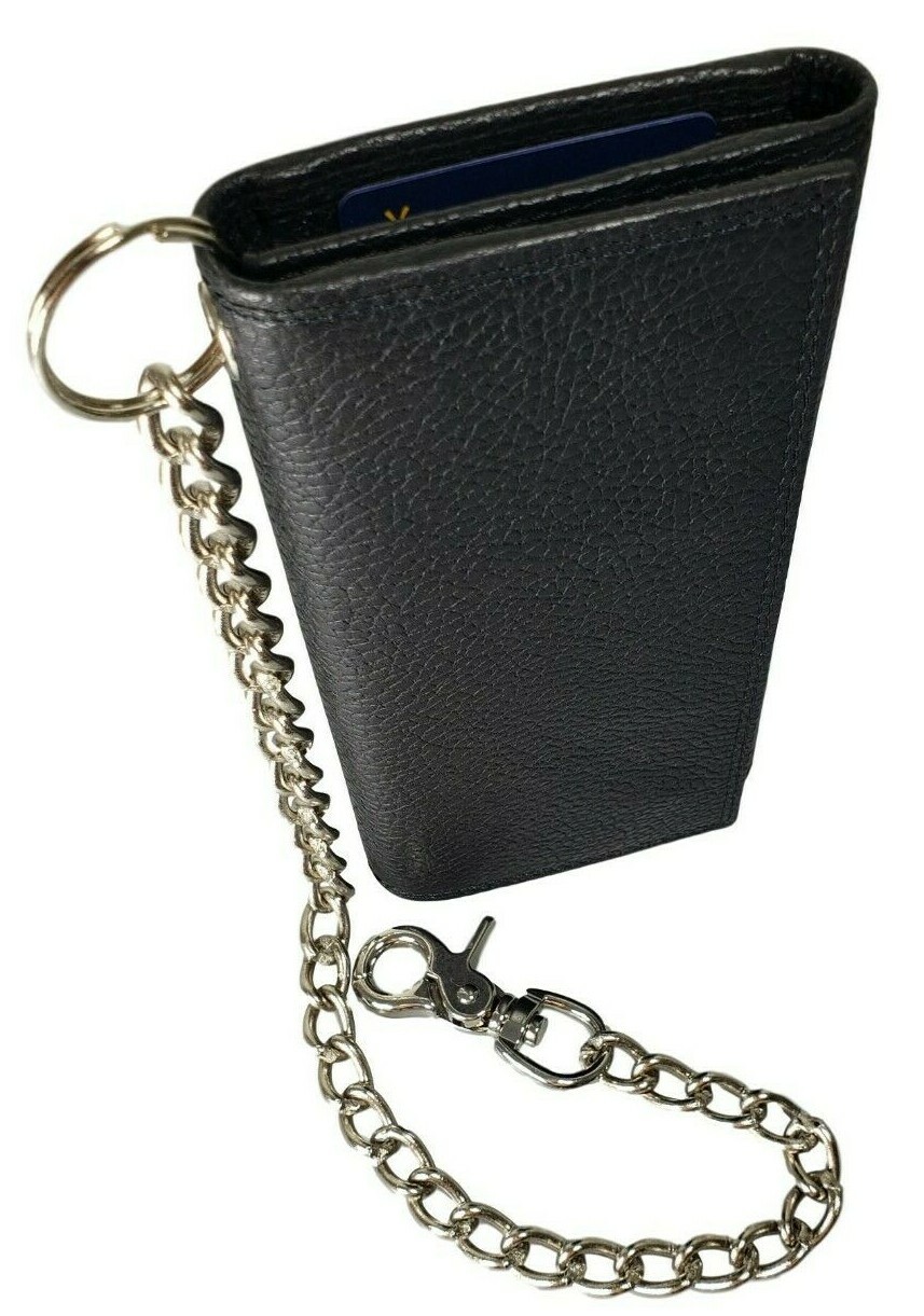 Black Leather Trifold Chain Motorcycle Biker Trucker Long Wallet With Belt Hook