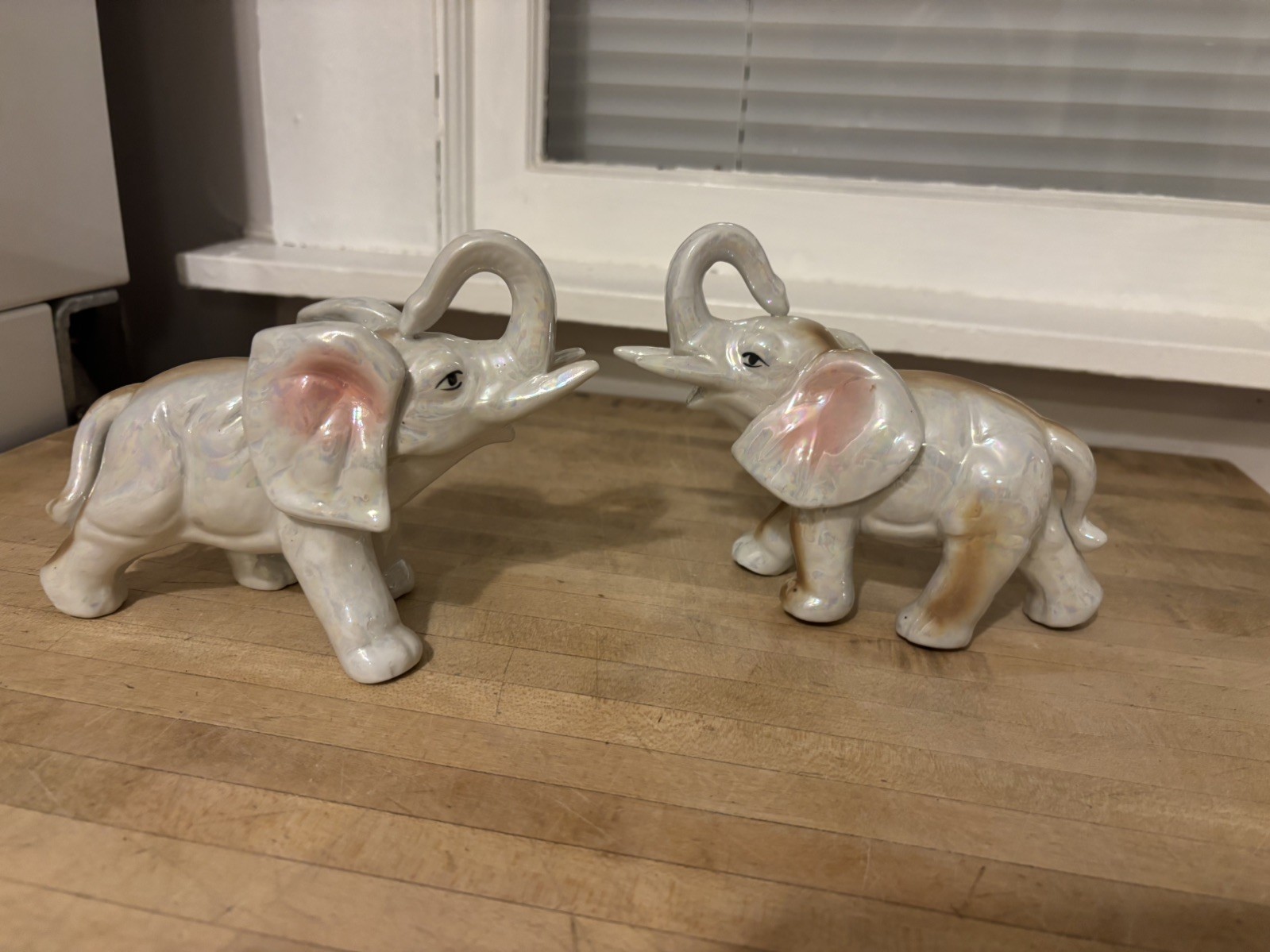 Vtg Lustreware Elephant Figurine 1950's Trunk Up LusterWare Gray & Pink MCM set