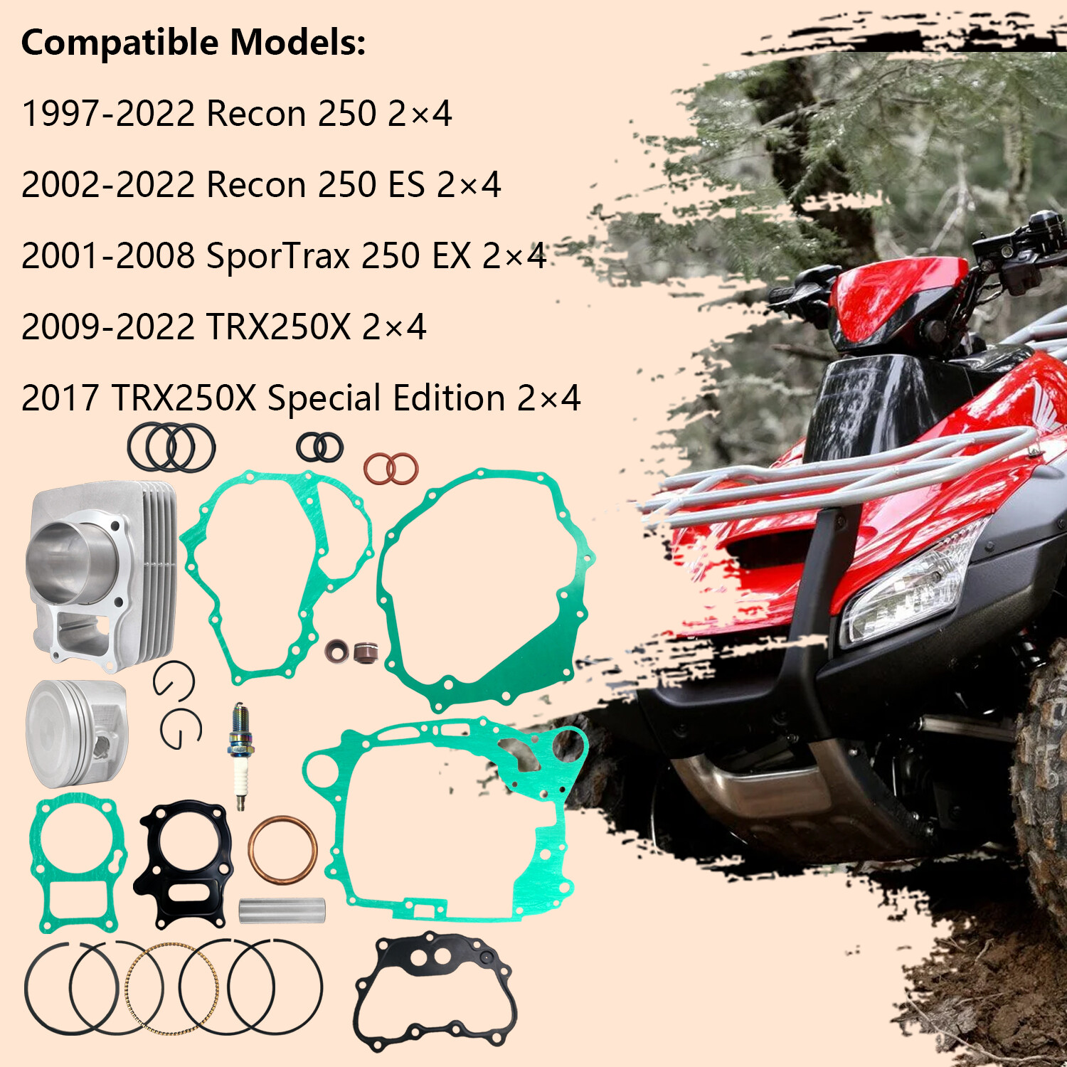 Cylinder Piston Gasket Top End Rebuild Kit for Honda Recon 250 TRX250 1997-2024