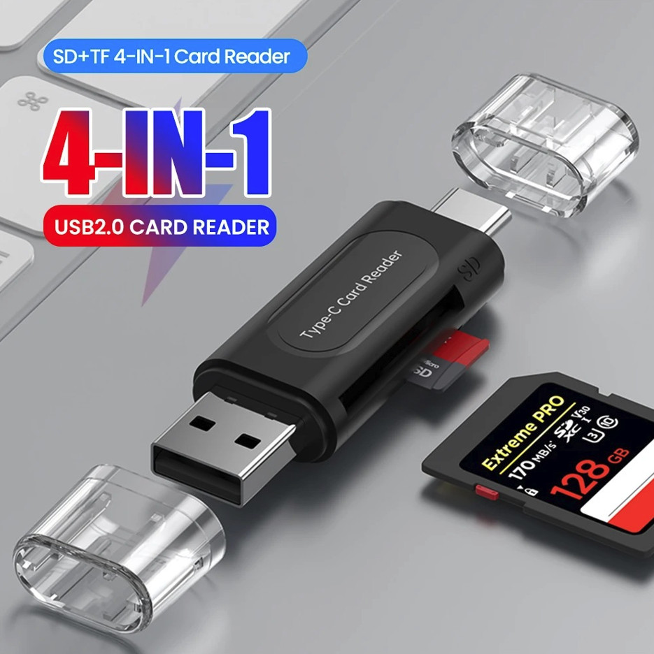 1pc 4-in-1 USB Type-C Card Reader SD TF OTG Memory Adapter - NEW