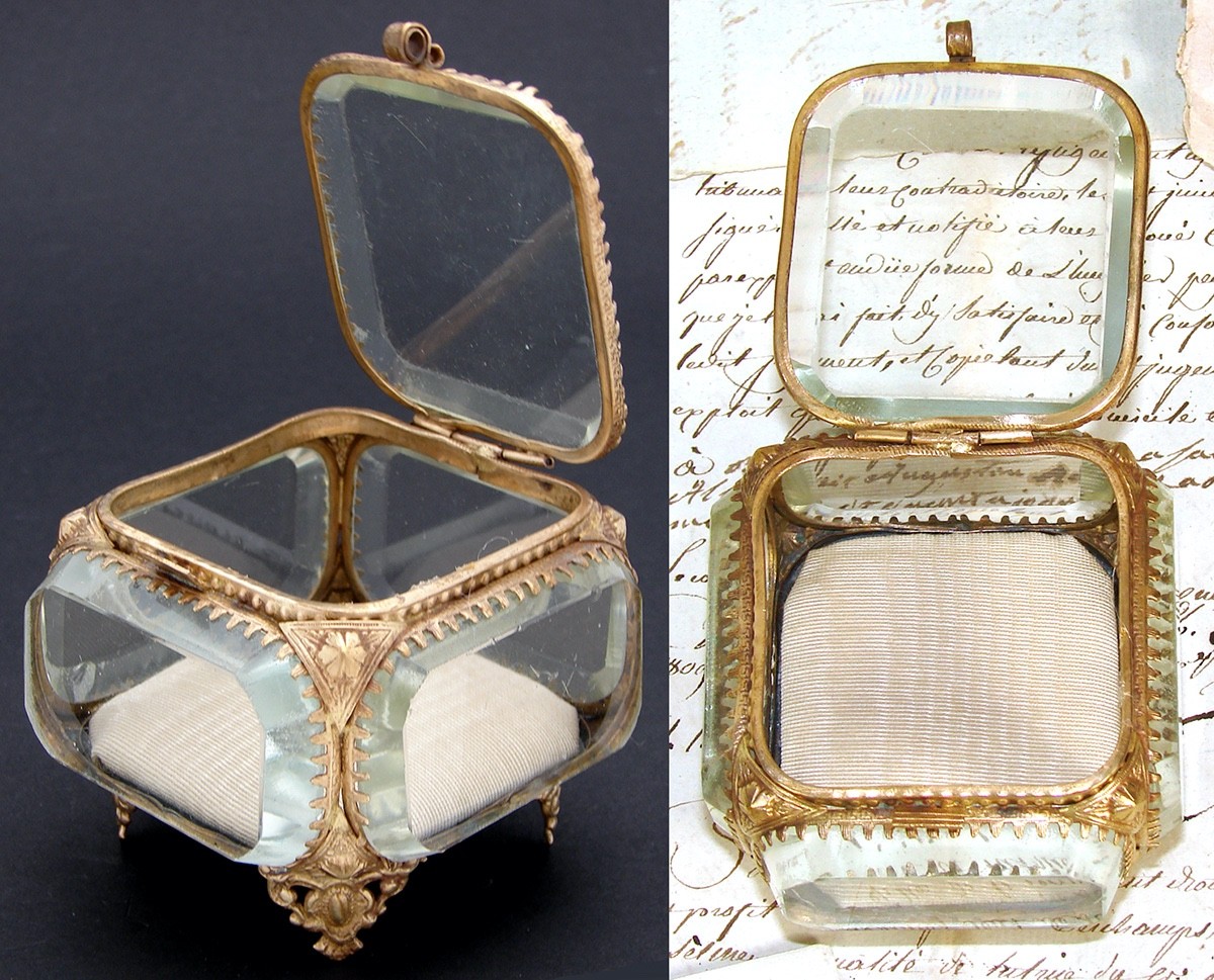 Antique Napoleon III Jewelry Casket, Miniature Vitrine Box, Thick Beveled Glass