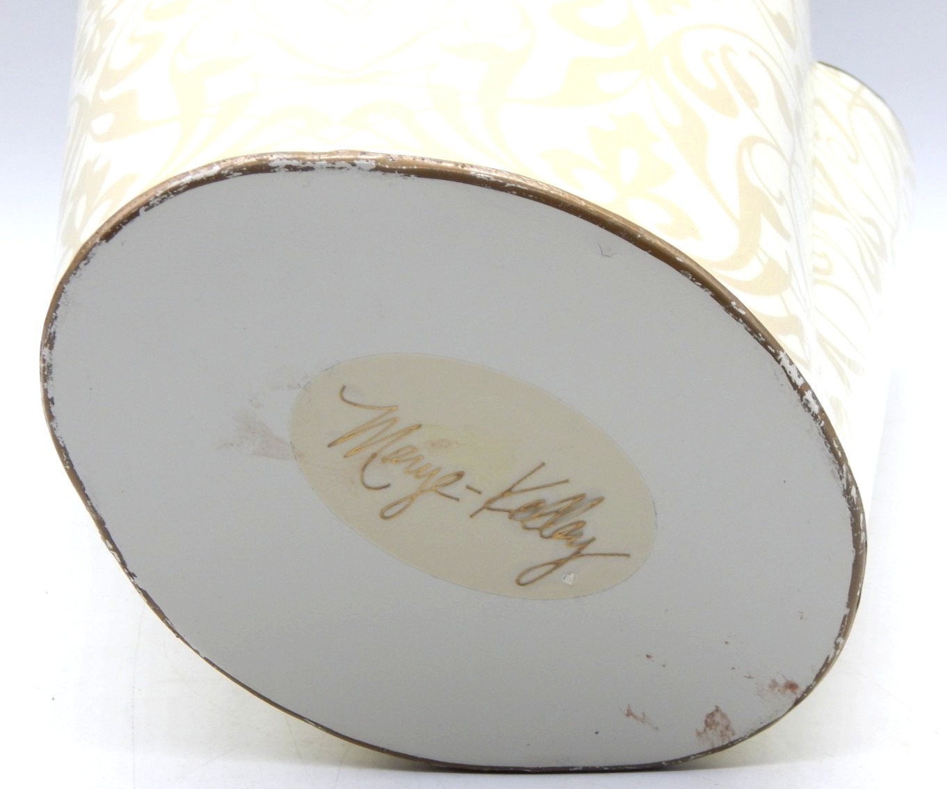 MARYE-KELLEY Decoupage Antique Gold Damask Scalloped 12"H Wastepaper Basket