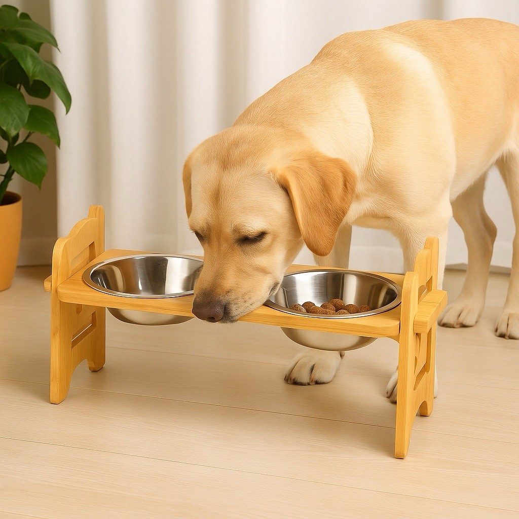 Elevated Bamboo Dog Bowls Stand Adjustable Double Stainless Steel Pet Feeder”