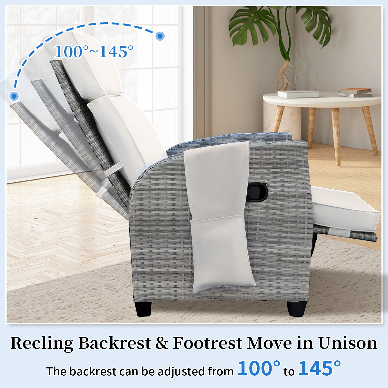 Outdoor Recliner, Patio Recliner Chair with Flip-up Table, Adjustable Backrest