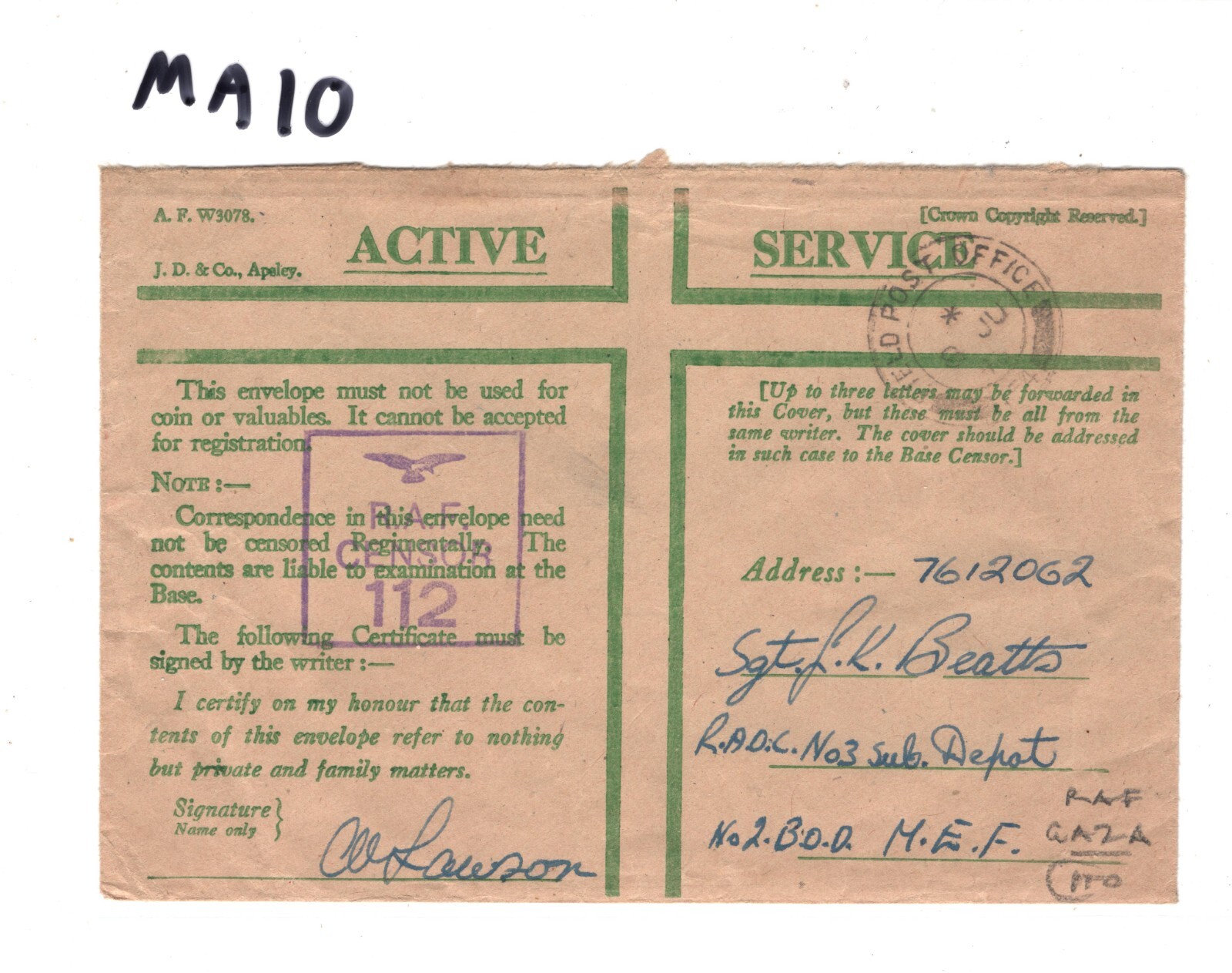 PALESTINE WW2 GB Forces *RAF GAZA* (Reverse) CENSOR 112 Cover 1943 FPO.257 MA10