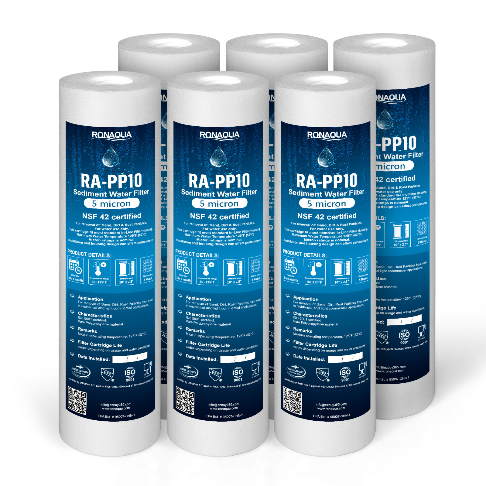 6 Pack Sediment 5 Micron Water Filter Cartridges 2.5" x 10" for Reverse Osmosis