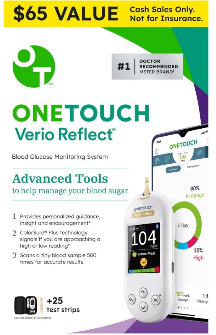 OneTouch Verio Reflect Meter Blood Glucose Monitoring Test Kit w/ 25 Strips NIB