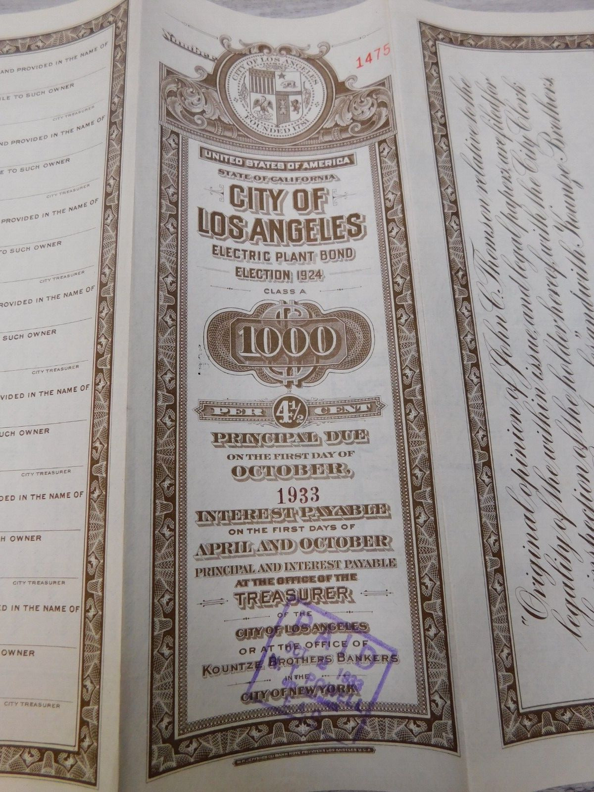 Vintage 1924 California City of Los Angeles Electric Plant Bond Election No 1475