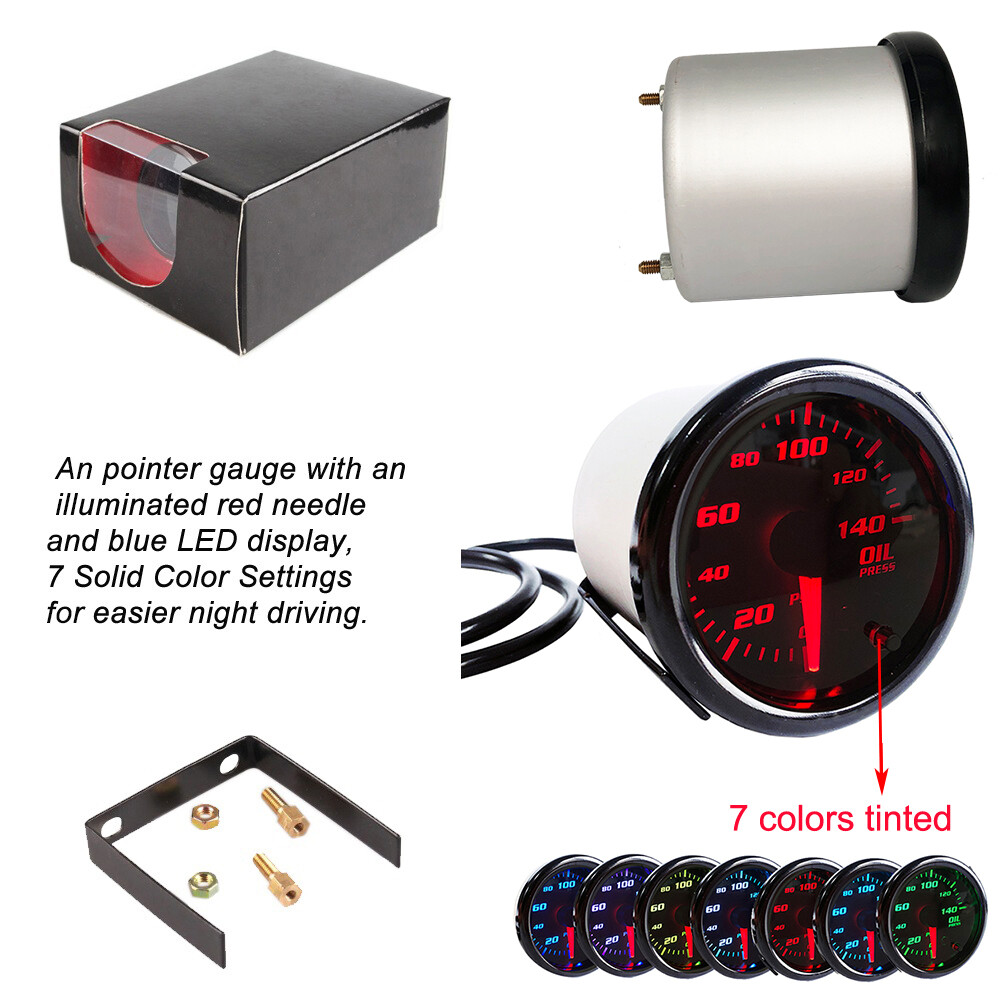 0-140 PSI 2'' 52mm 7 Color LED Digital Oil Pressure Gauge Meter W/ Sensor