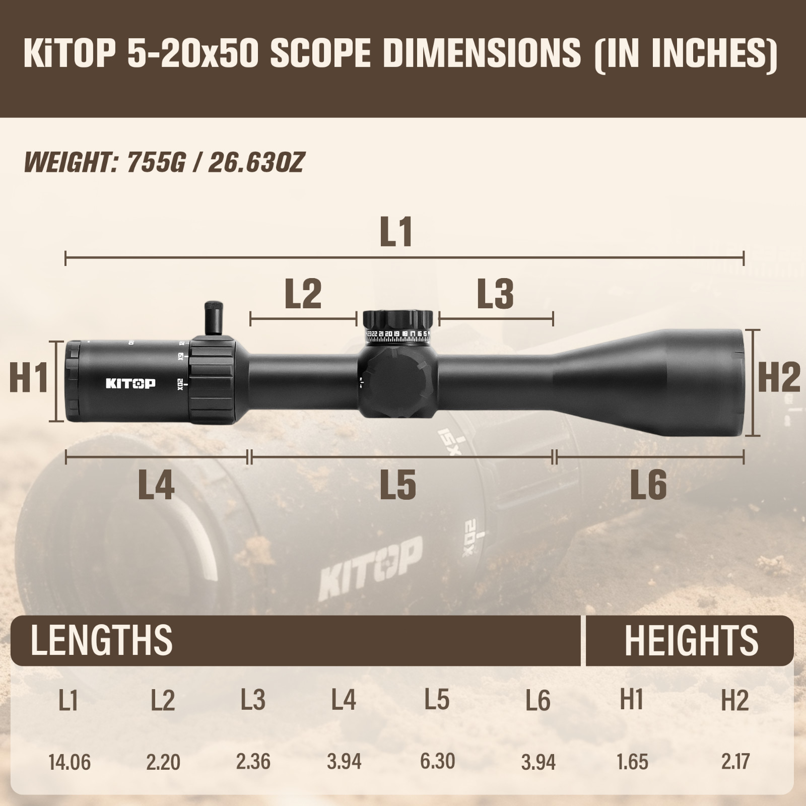KiTOP Optics 5-20x50mm Rifle Scope FFP w/ Illuminated Crosshair MOA Reticle