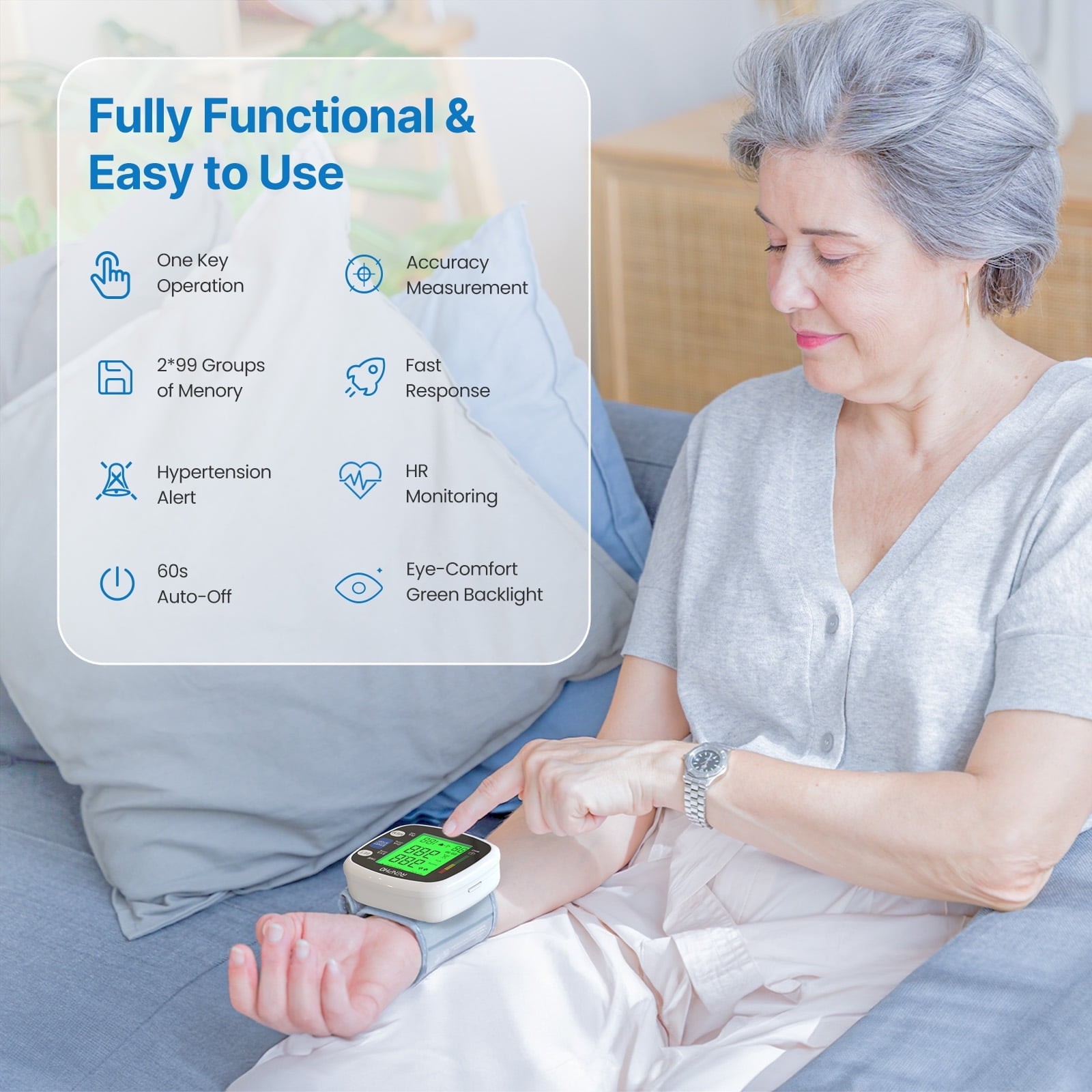 RENPHO Blood Pressure Monitor Wrist Rechargeable Heart Rate Machine Large Displa