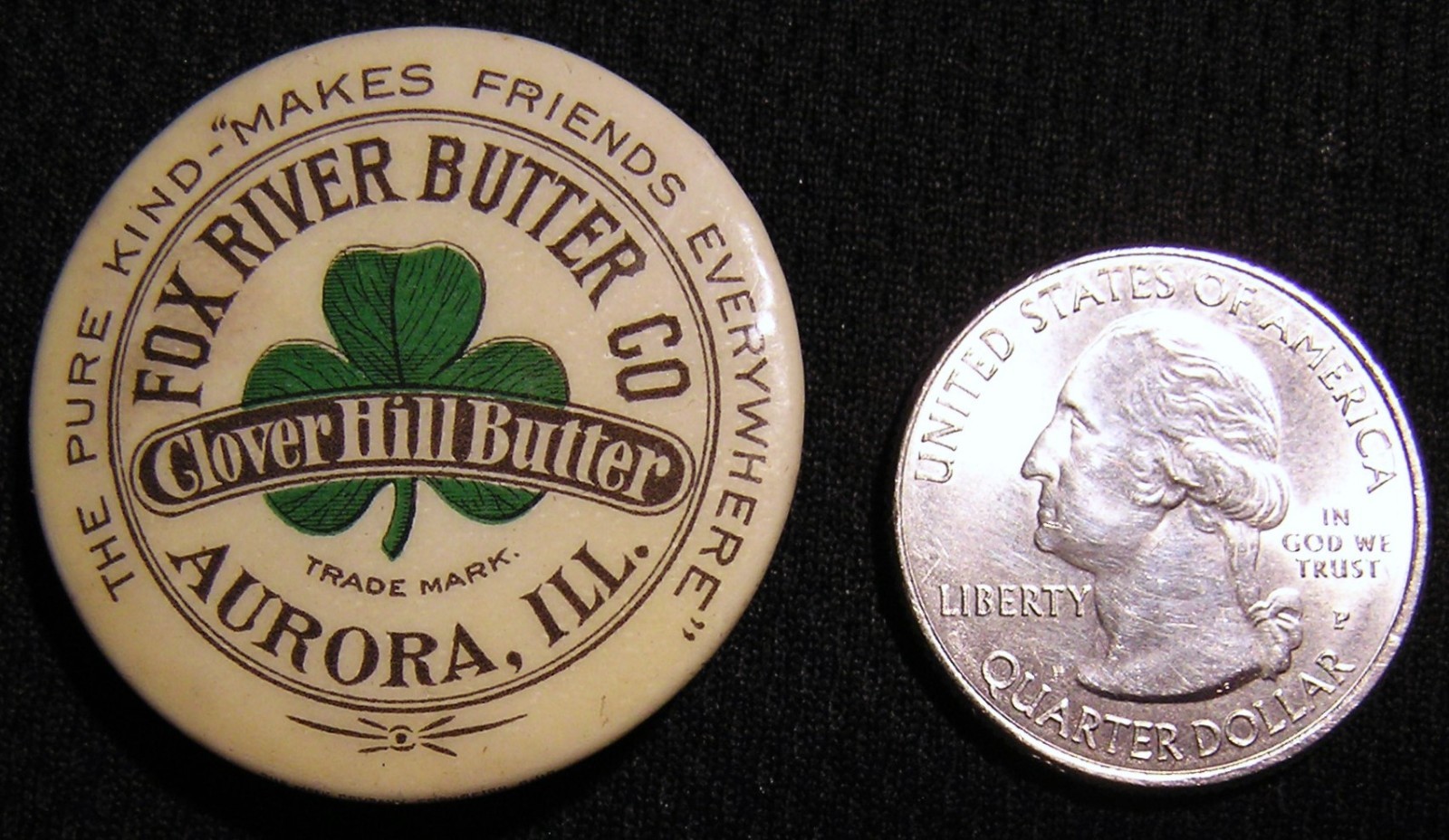 c1900 1.25" FOX RIVER BUTTER CO DAIRY ADVERTISING PIN - AURORA IL - THE MEEK CO