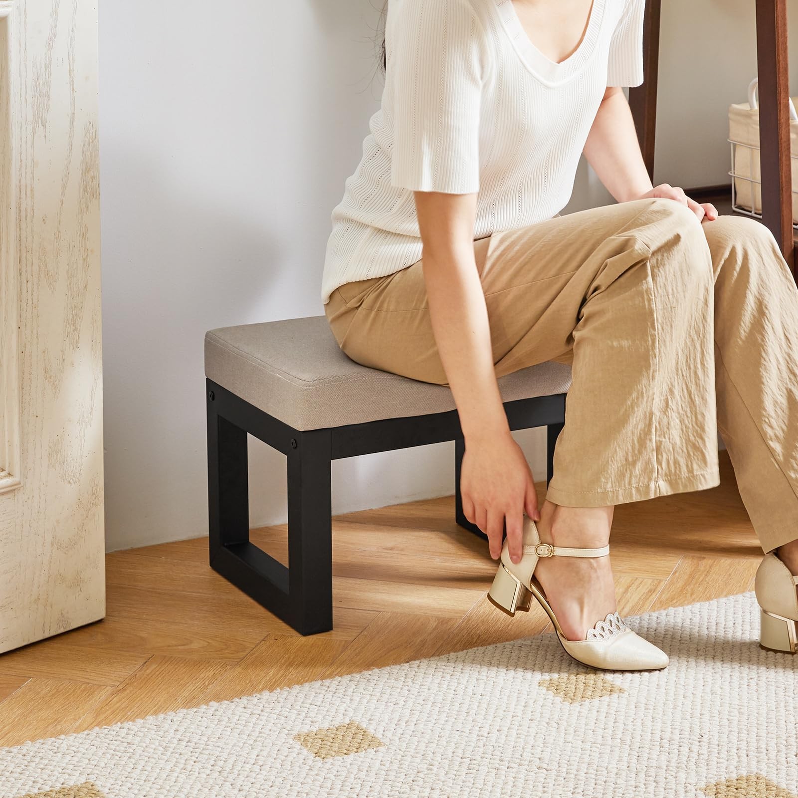 16 Inch Small Foot Stool Ottoman, Rectangle Linen Foot Rest with Padded Seat ...