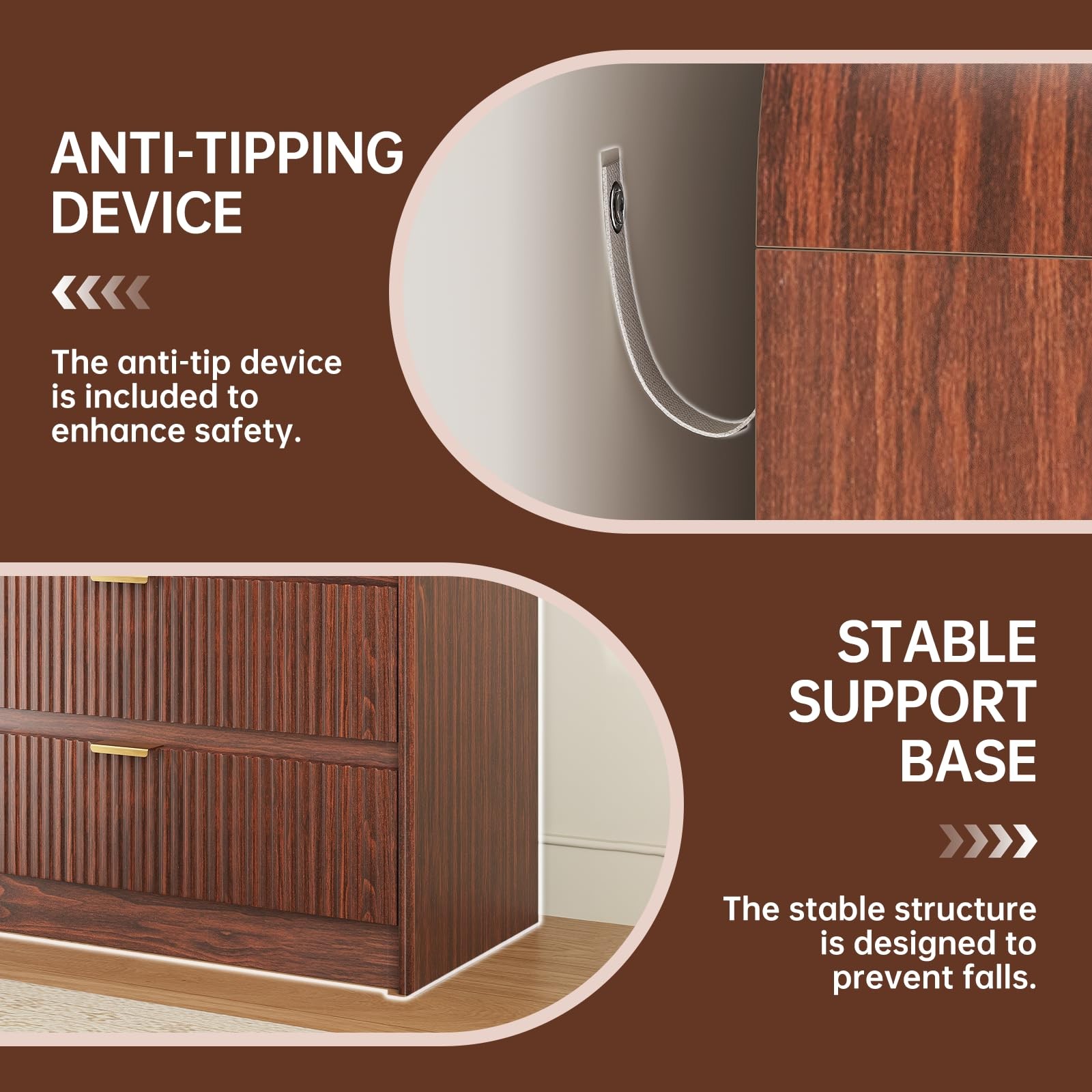 Fluted 5 Drawers Dresser for Bedroom, 48" Tall Wooden Modern Dresser,Dark Walnut