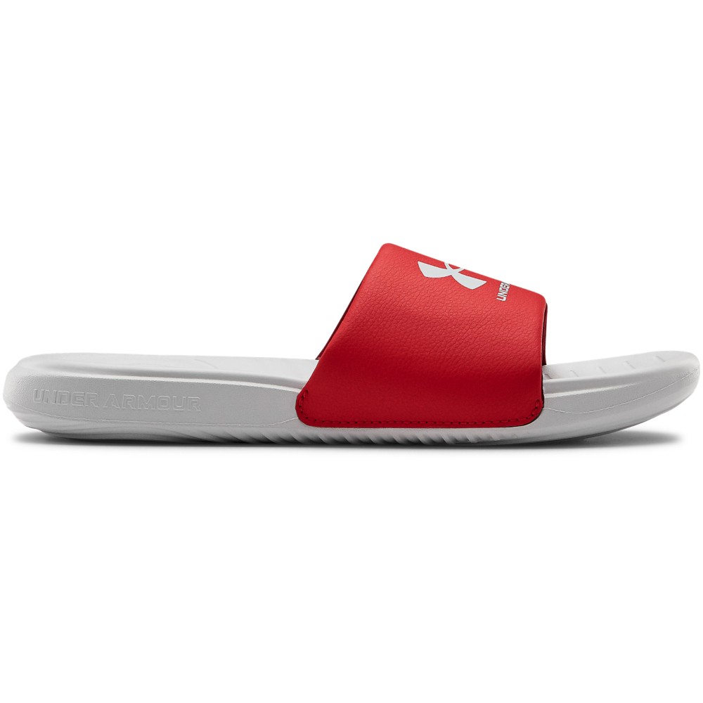 Under Armour 3023761 Men's UA Ansa Fix Slides, Halo Gray/Red, Size 14