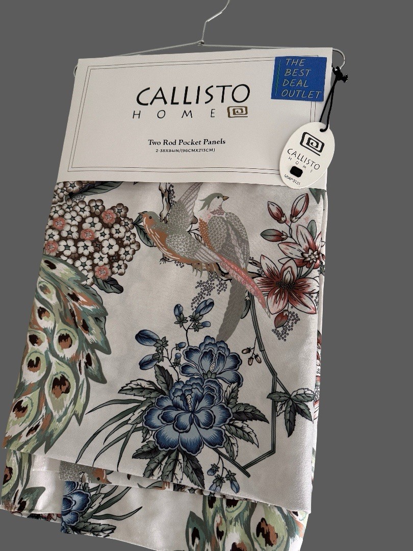 CALLISTO Window Curtains 2 Panels 38” X 84" Peacock Birds Drapers Back Top Ivory
