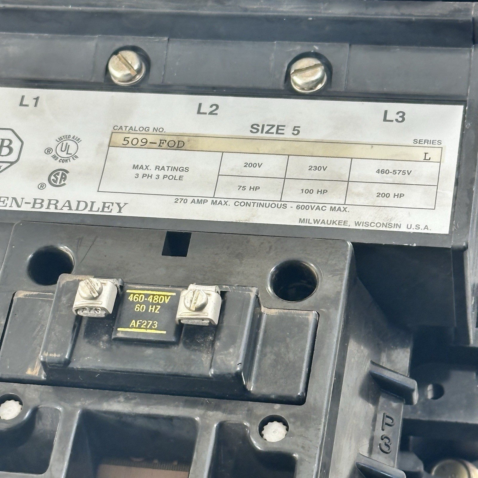 ALLEN BRADLEY SIZE 5 MOTOR STARTER 509-FOD COIL 120 V 200 HP SERIES L 270A
