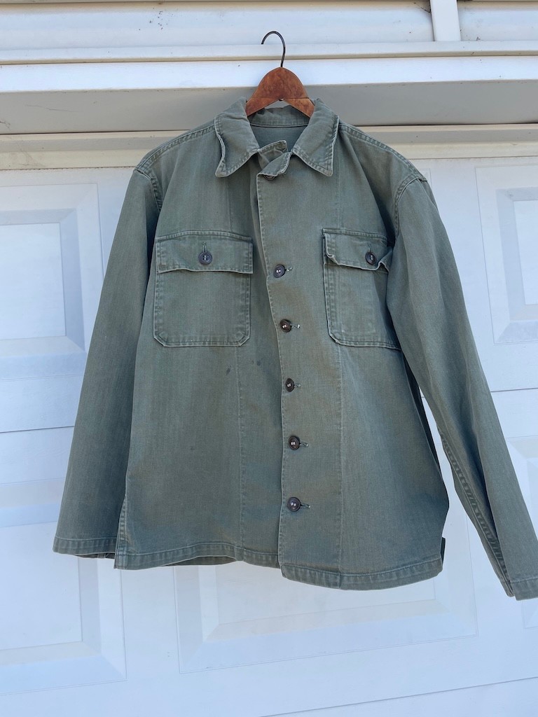 VTG WW2 US Military Army green button field shirt jacket HBT OG 107 Poplin WWII