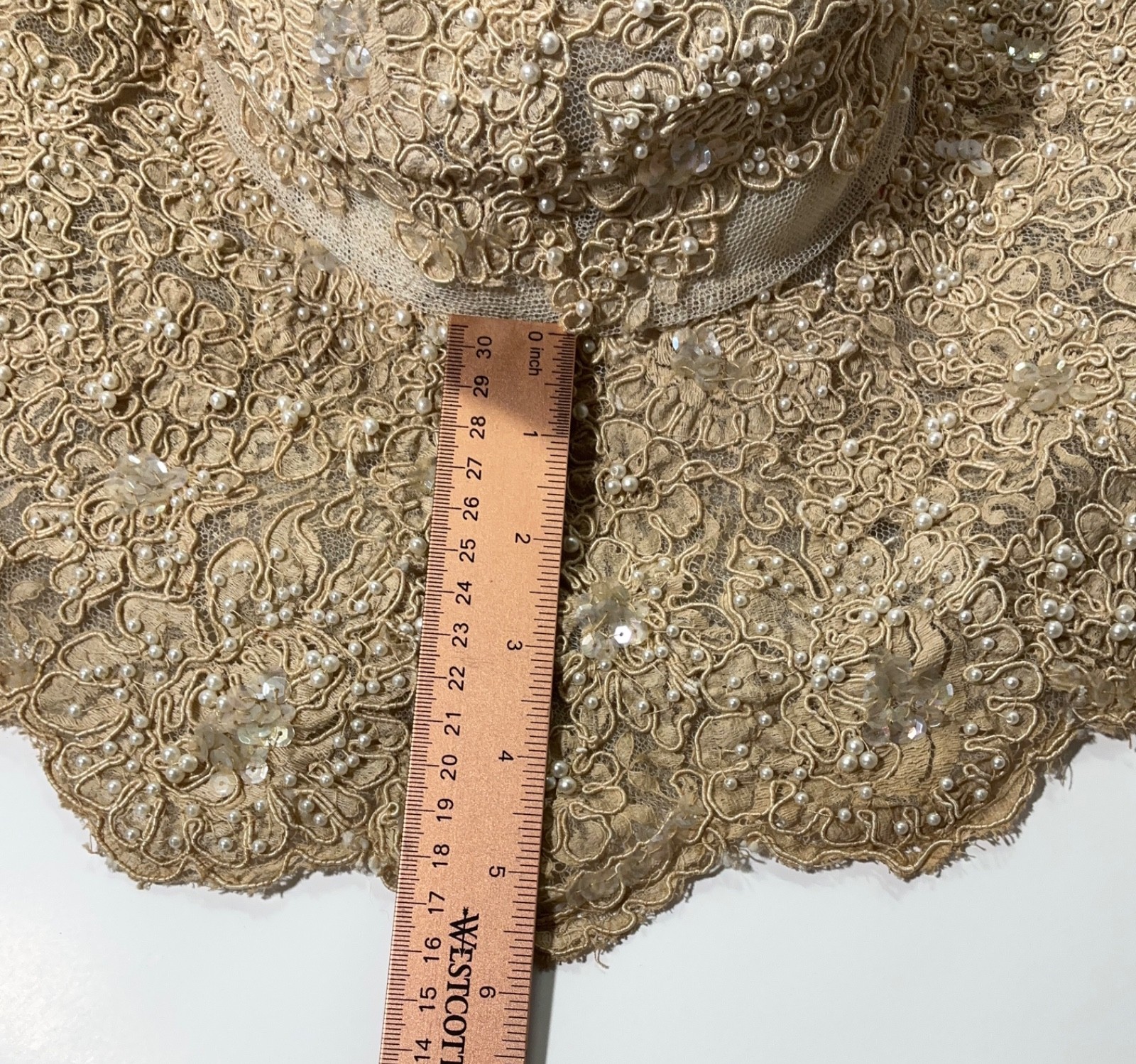 Pearl beaded sequined & corded Chantilly lace dark ivory wedding hat VNT 1983