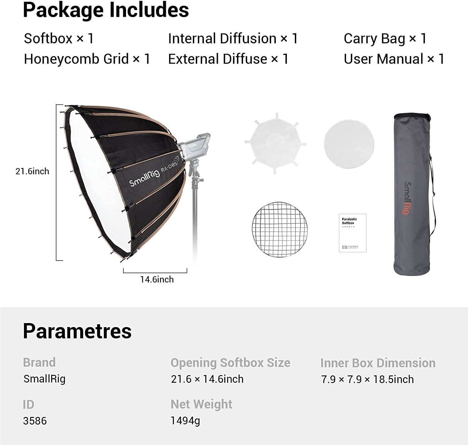 SmallRig 21.6" 55CM/33.5" 85CM Parabolic Softbox for RC 120D COB Video Light